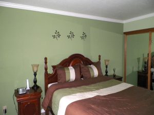 primary bedroom with dark sage green walls